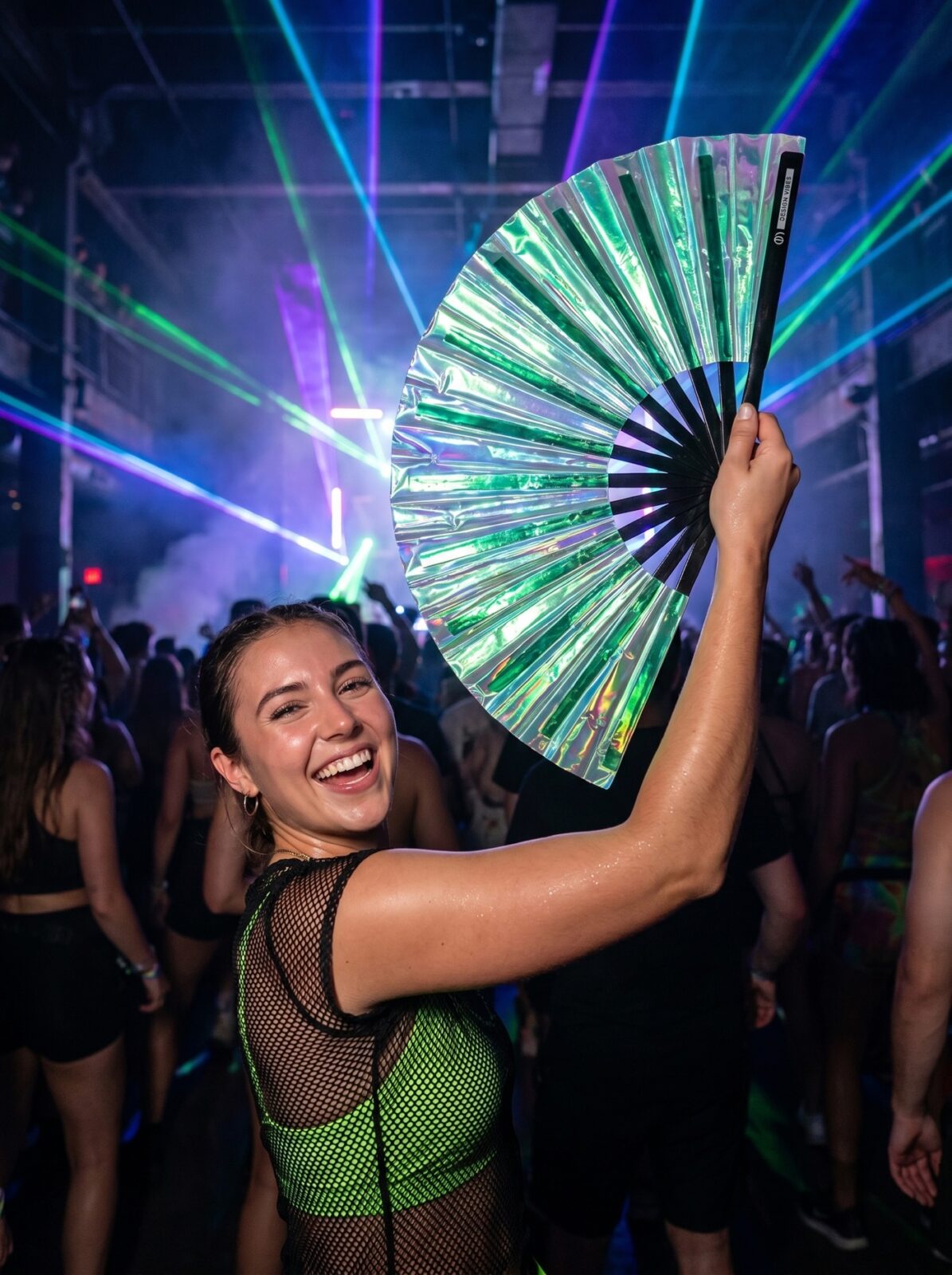 Festival Fan Holographic Green – iridescent Rave accessory – View 2
