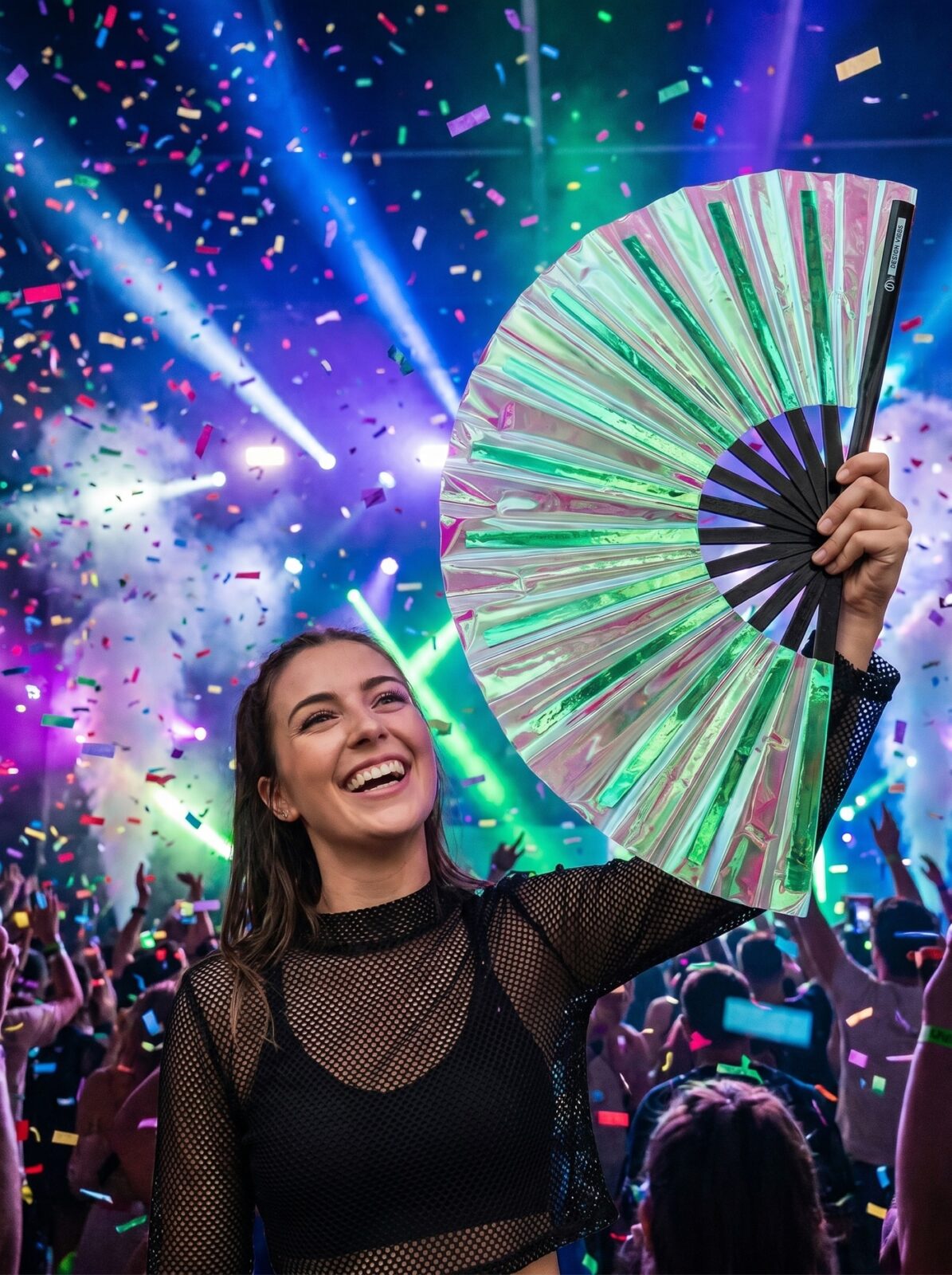 Festival Fan Holographic Green – iridescent Rave accessory – View 4