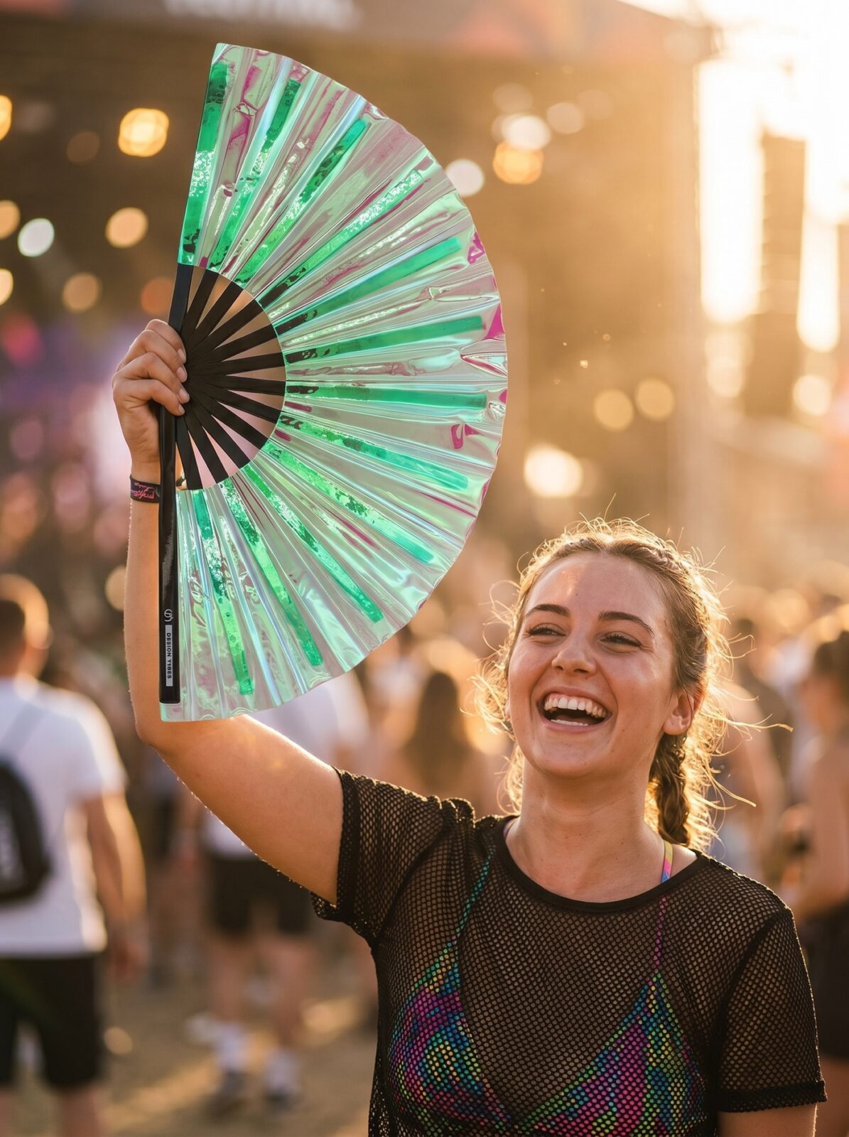 Festival Fan Holographic Green – iridescent Rave accessory – View 3