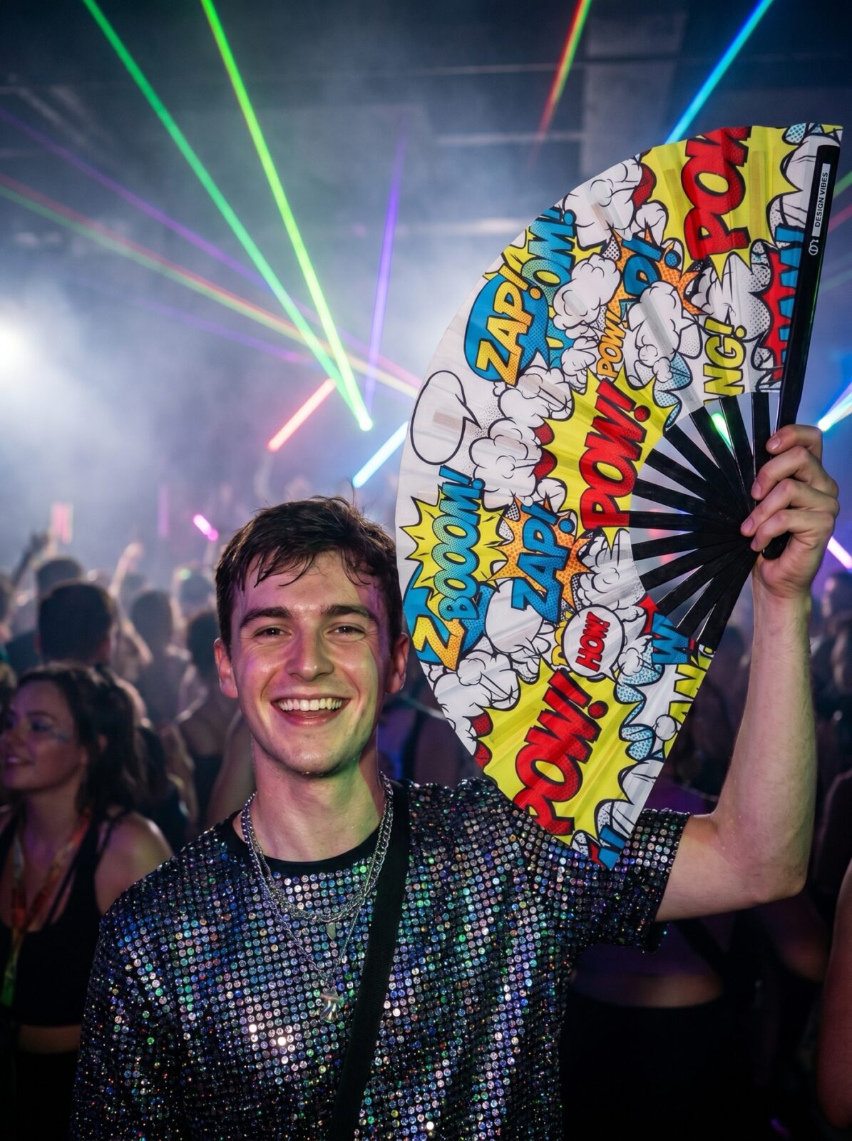 Festival Fan “ZAP BOOM POW” Yellow Comic – Rave & Party – View 2