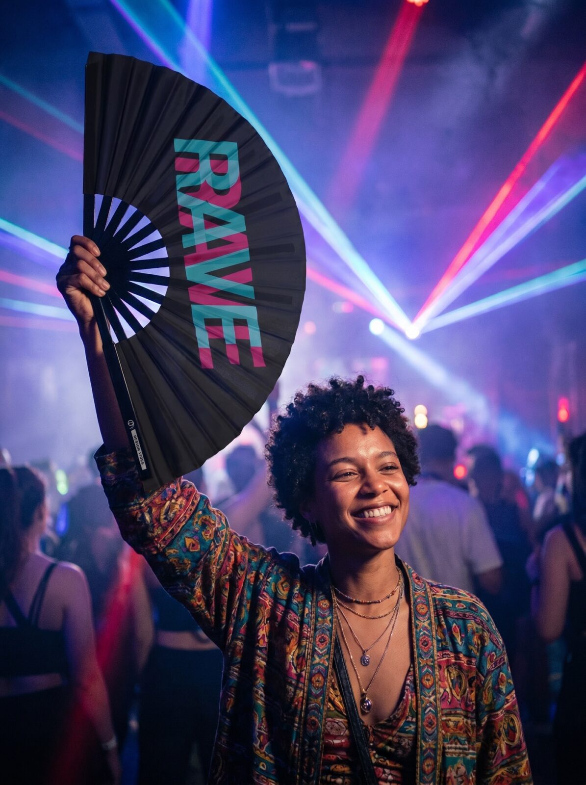 Festival Fan “RAVE” Black Teal-Pink – Techno & Rave Accessory – View 2