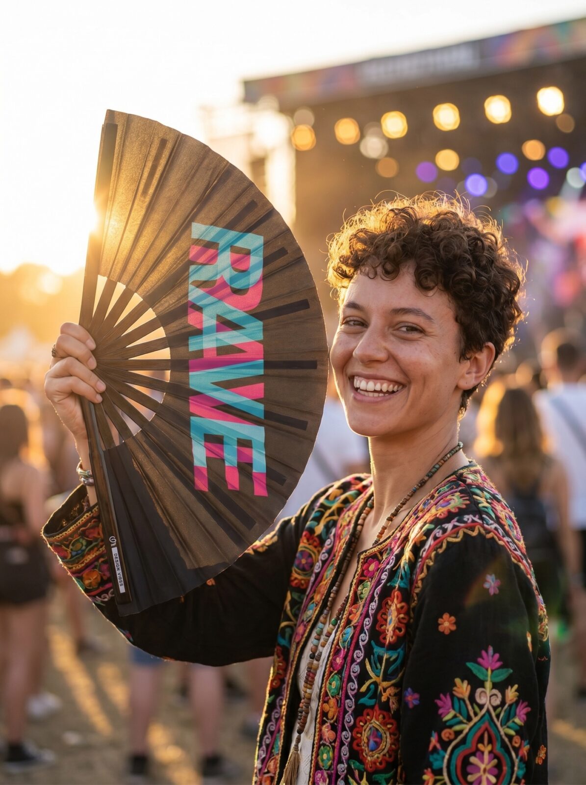Festival Fan “RAVE” Black Teal-Pink – Techno & Rave Accessory – View 3