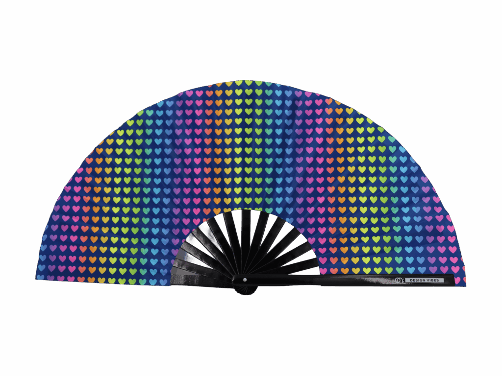 Dark blue festival fan with rainbow hearts for Pride
