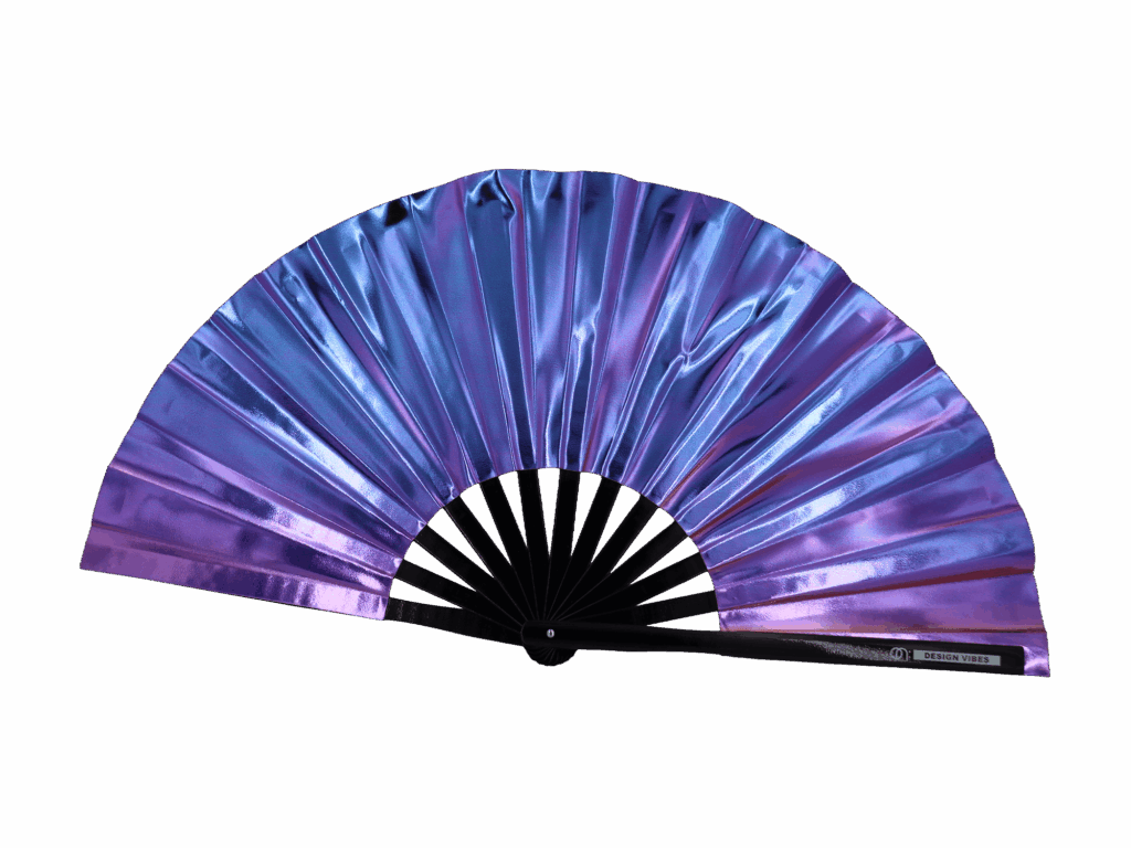 Holographic blue and purple metallic festival fan for Parookaville 2026 on the sunny airfield