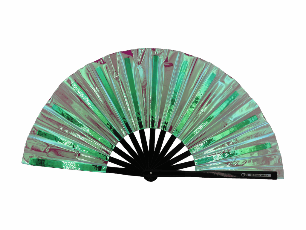Holographic green iridescent festival fan, opened for a festival weekend