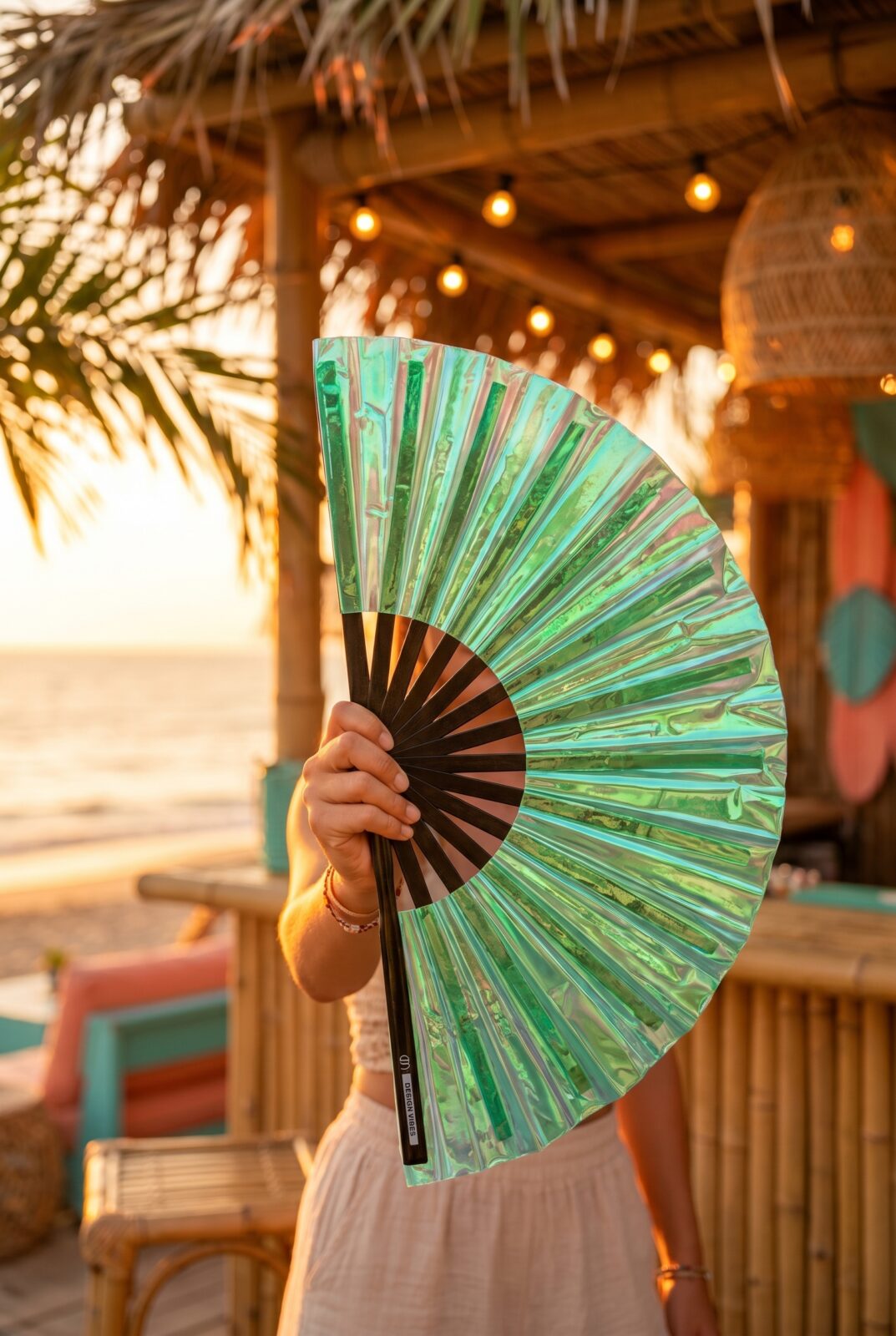 Festival Fan Holographic Green – iridescent Rave accessory – View 6