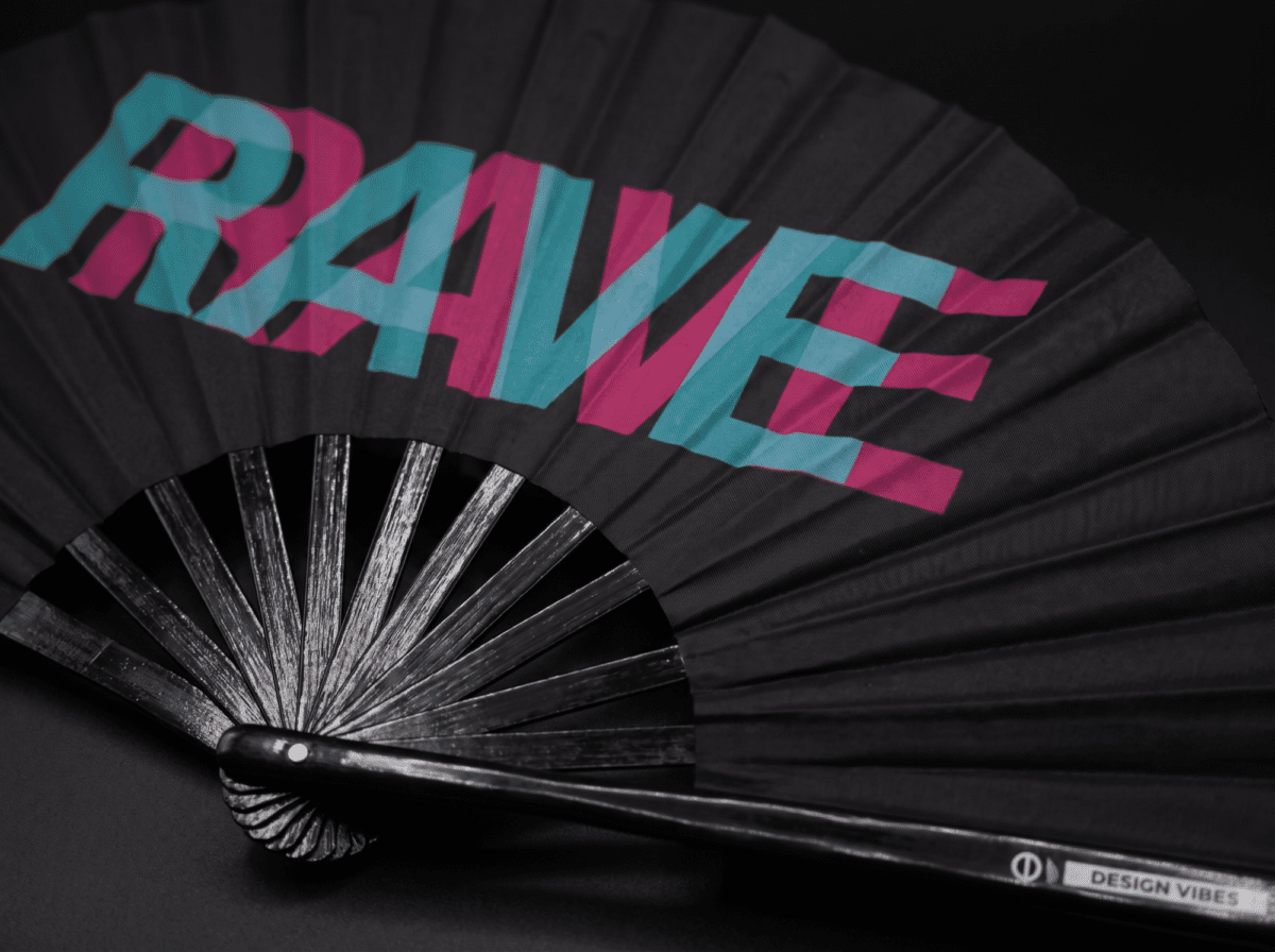 “RAVE” Festival Fan, Black, Teal-Pink, Techno & Rave accessory, View 8