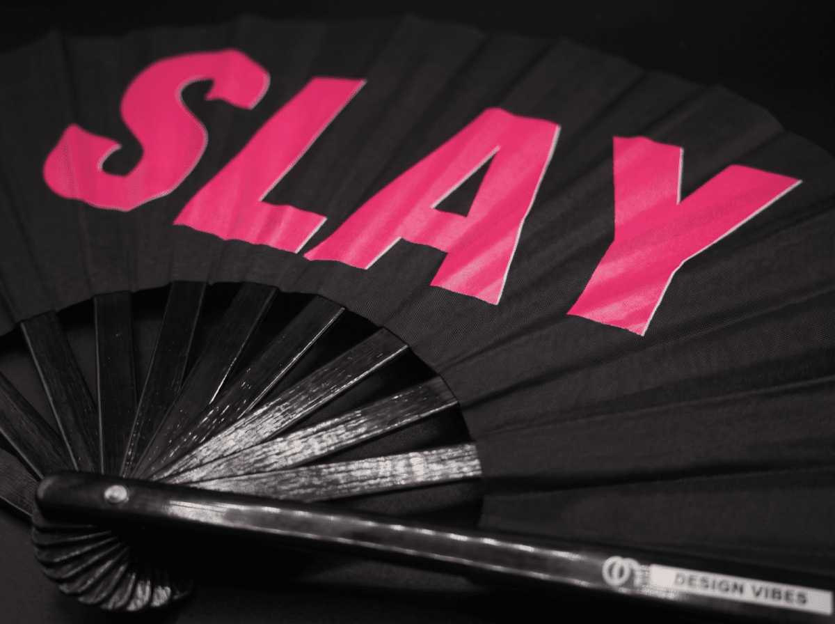 “SLAY” Festival Fan in Black/Pink, CSD & Rave Accessory, View 6