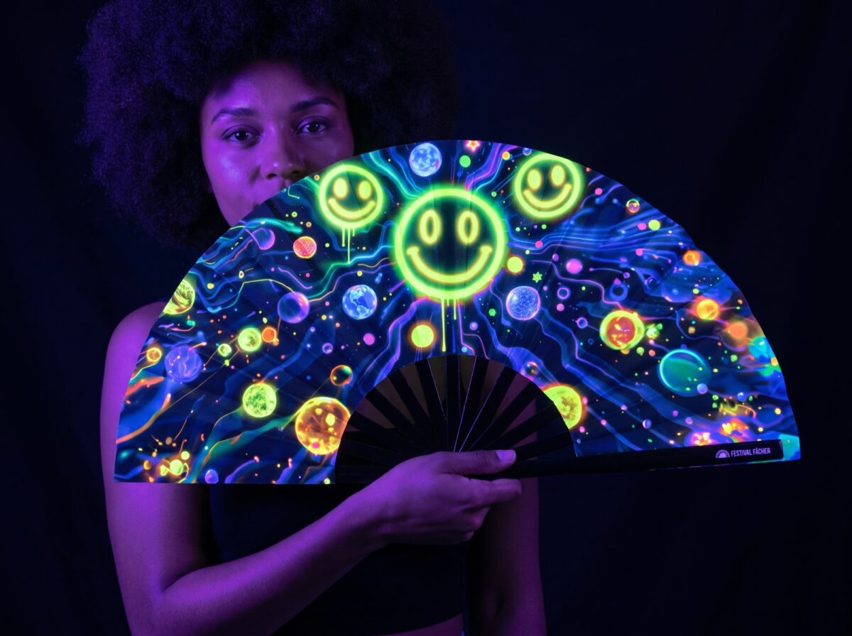 Neon Acid Smiley Festival Fans in Black for Techno & Rave Rave (UV)