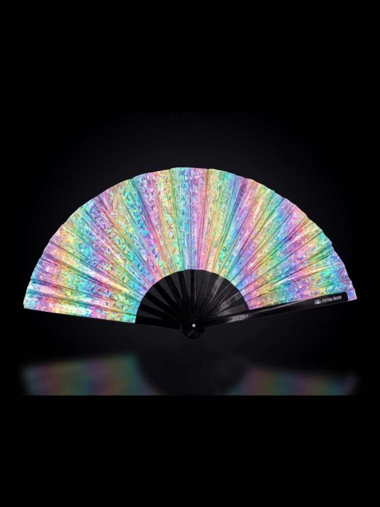 Holo Crystal pastel festival fan, opened and ready for a rave