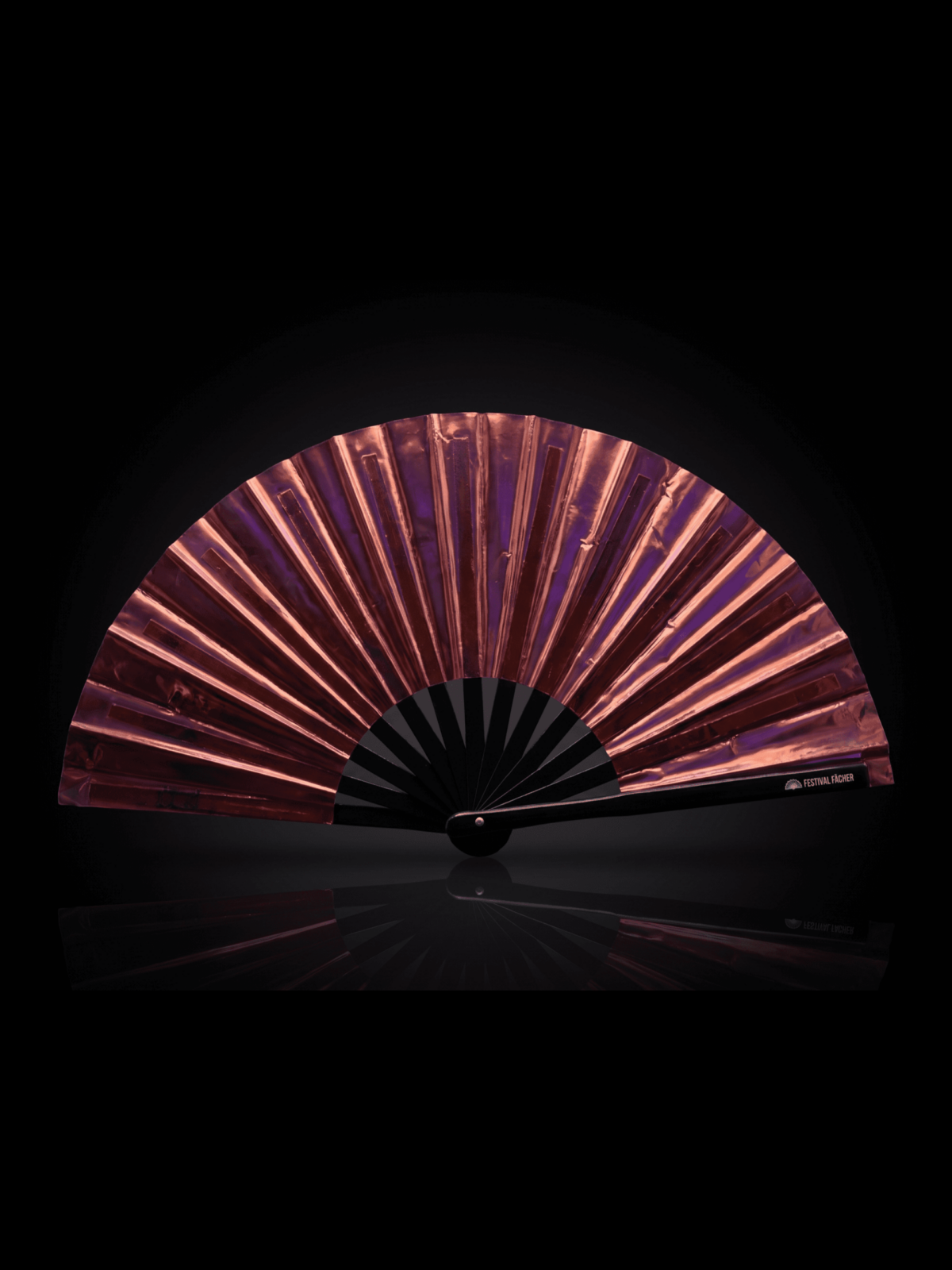 Transparent holographic fan in dark burgundy, photographed against a light studio background