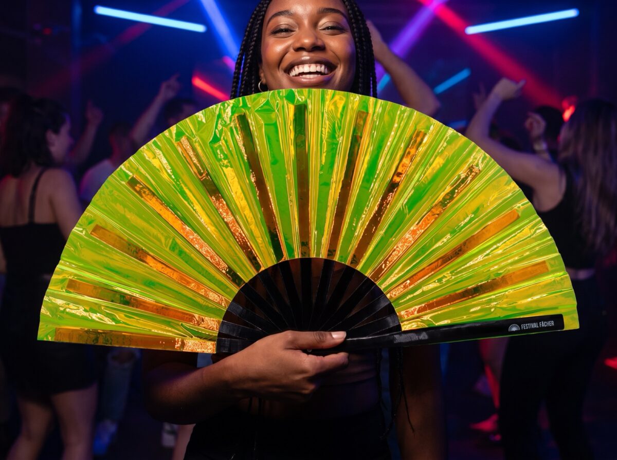 Holographic Transparent Neon Green Festival Fans for Rave & Techno, View 2