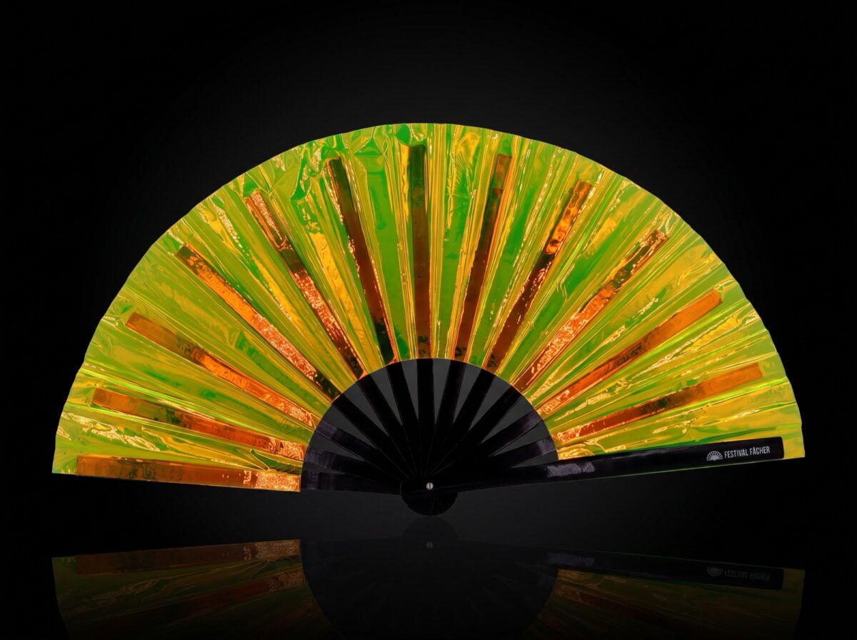 Holographic Transparent Neon Green Festival Fans for Rave & Techno