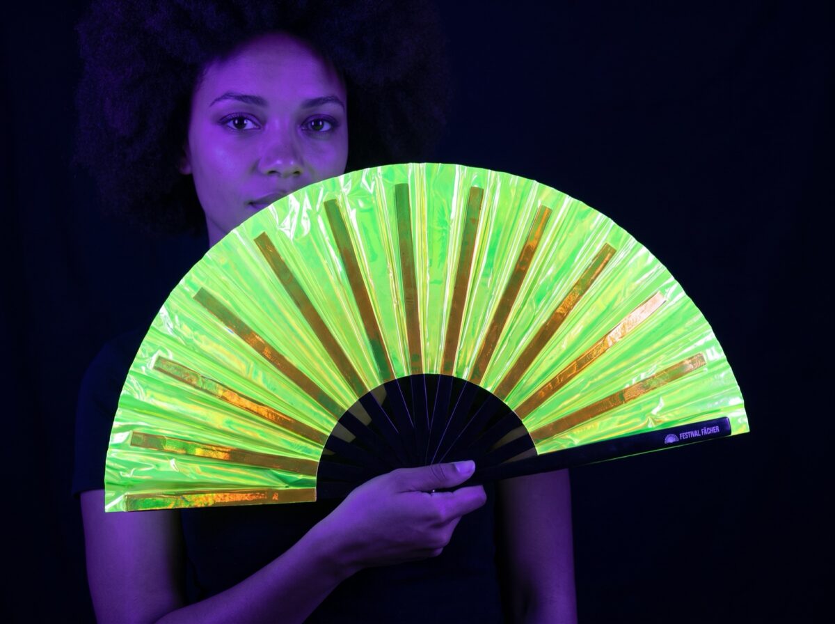 Holographic Transparent Neon Green Festival Fans for Rave & Techno Rave (UV)