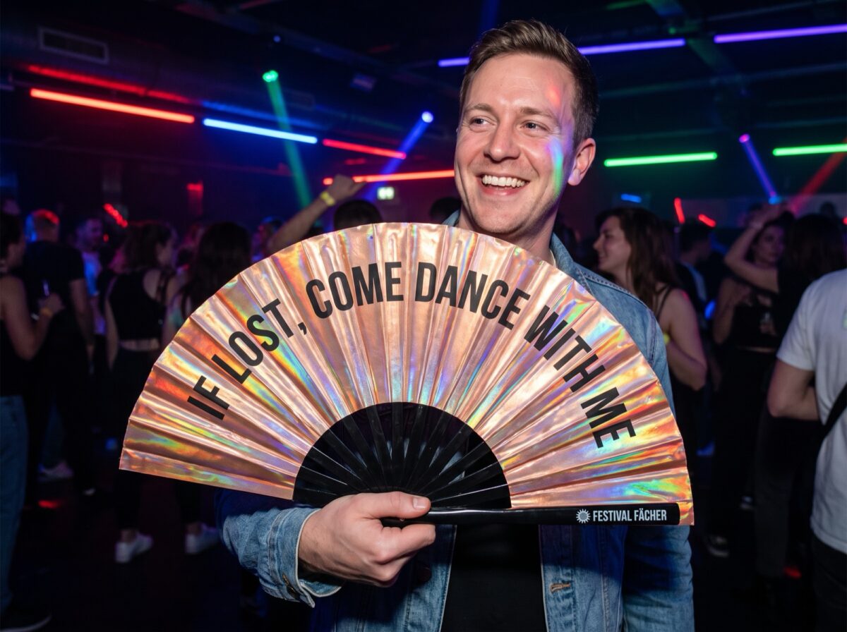 “IF LOST, COME DANCE WITH ME” Festival Fans, Holo-Copper for Festivals & Raves, View 2