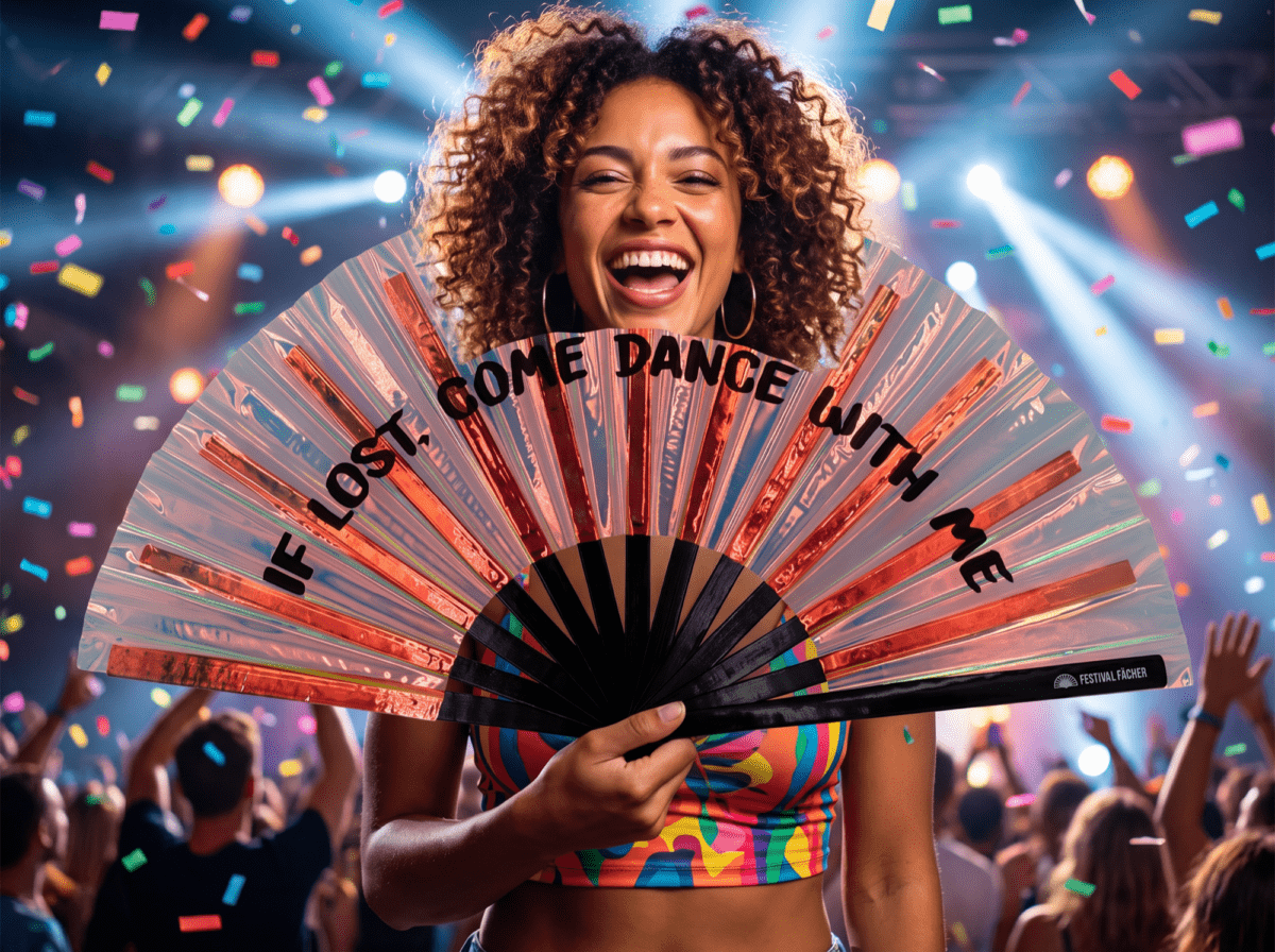 “IF LOST, COME DANCE WITH ME” Festival Fans, Holo-Copper for Festivals & Raves, View 4
