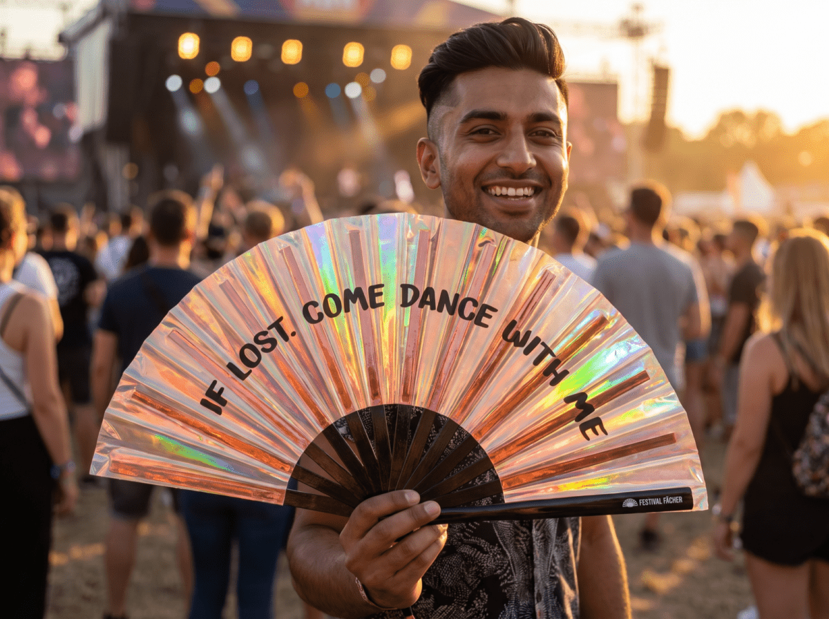 “IF LOST, COME DANCE WITH ME” Festival Fans, Holo-Copper for Festivals & Raves, View 3