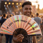 “IF LOST, COME DANCE WITH ME” Festival Fans, Holo-Copper for Festivals & Raves, View 3