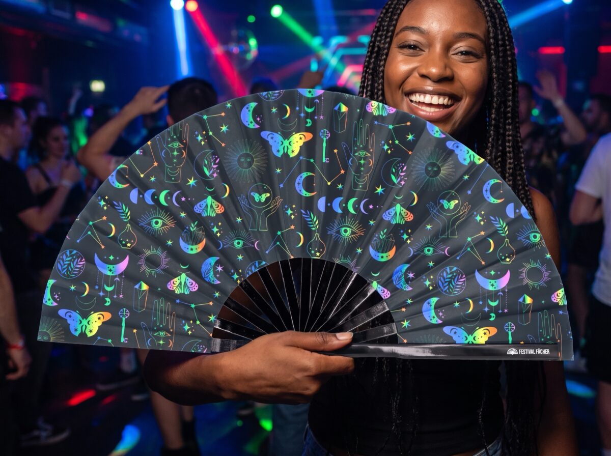 Festival Fans: Moon & Butterflies, Rainbow on Black for Festivals & Boho, View 2