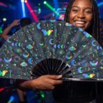 Festival Fans: Moon & Butterflies, Rainbow on Black for Festivals & Boho, View 2