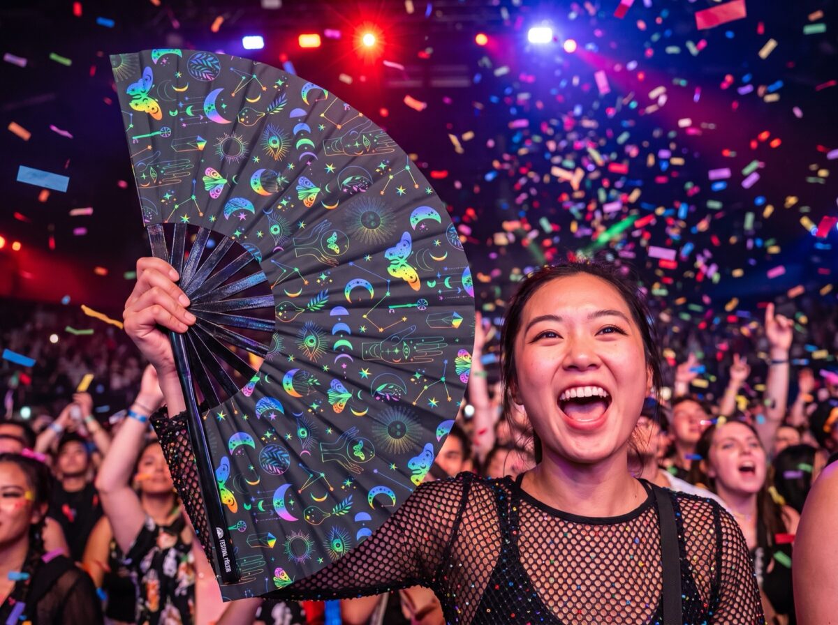 Festival Fans: Moon & Butterflies, Rainbow on Black for Festivals & Boho, View 4
