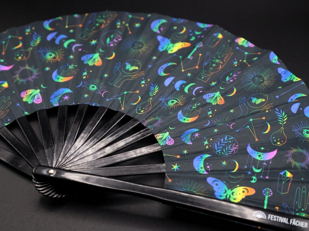 Festival Fans: Moon & Butterflies, Rainbow on Black for Festivals & Boho, View 5