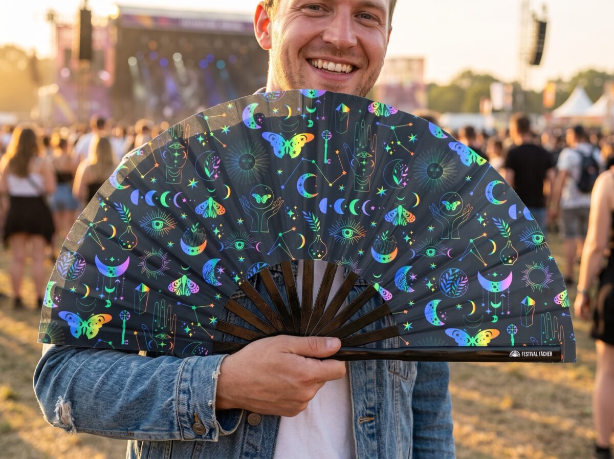 Festival Fans: Moon & Butterflies, Rainbow on Black for Festivals & Boho, View 3