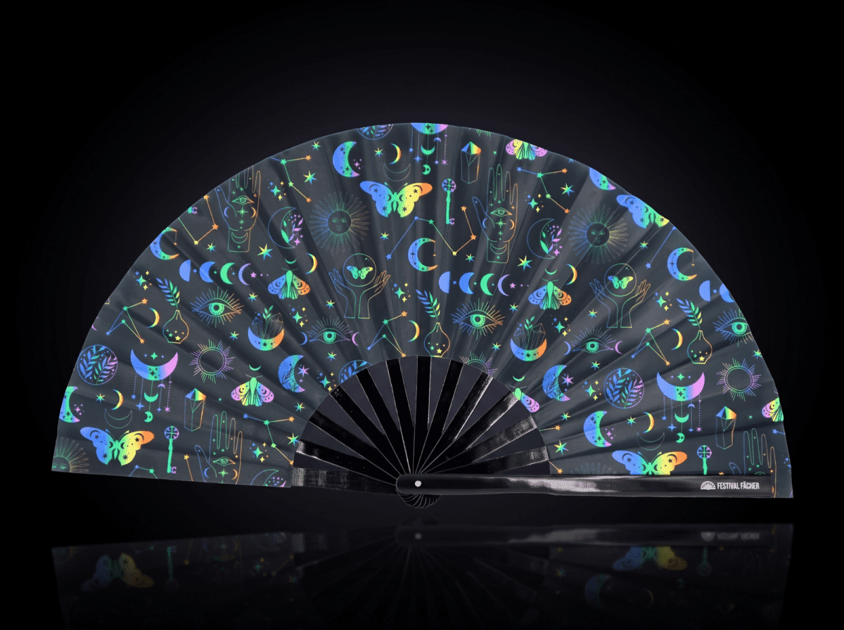 Festival Fans: Moon & Butterflies, Rainbow on Black for Festivals & Boho