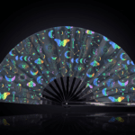 Festival Fans: Moon & Butterflies, Rainbow on Black for Festivals & Boho, View 1