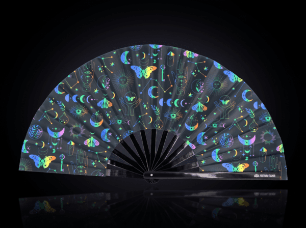 Festival Fans: Moon & Butterflies, Rainbow on Black for Festivals & Boho