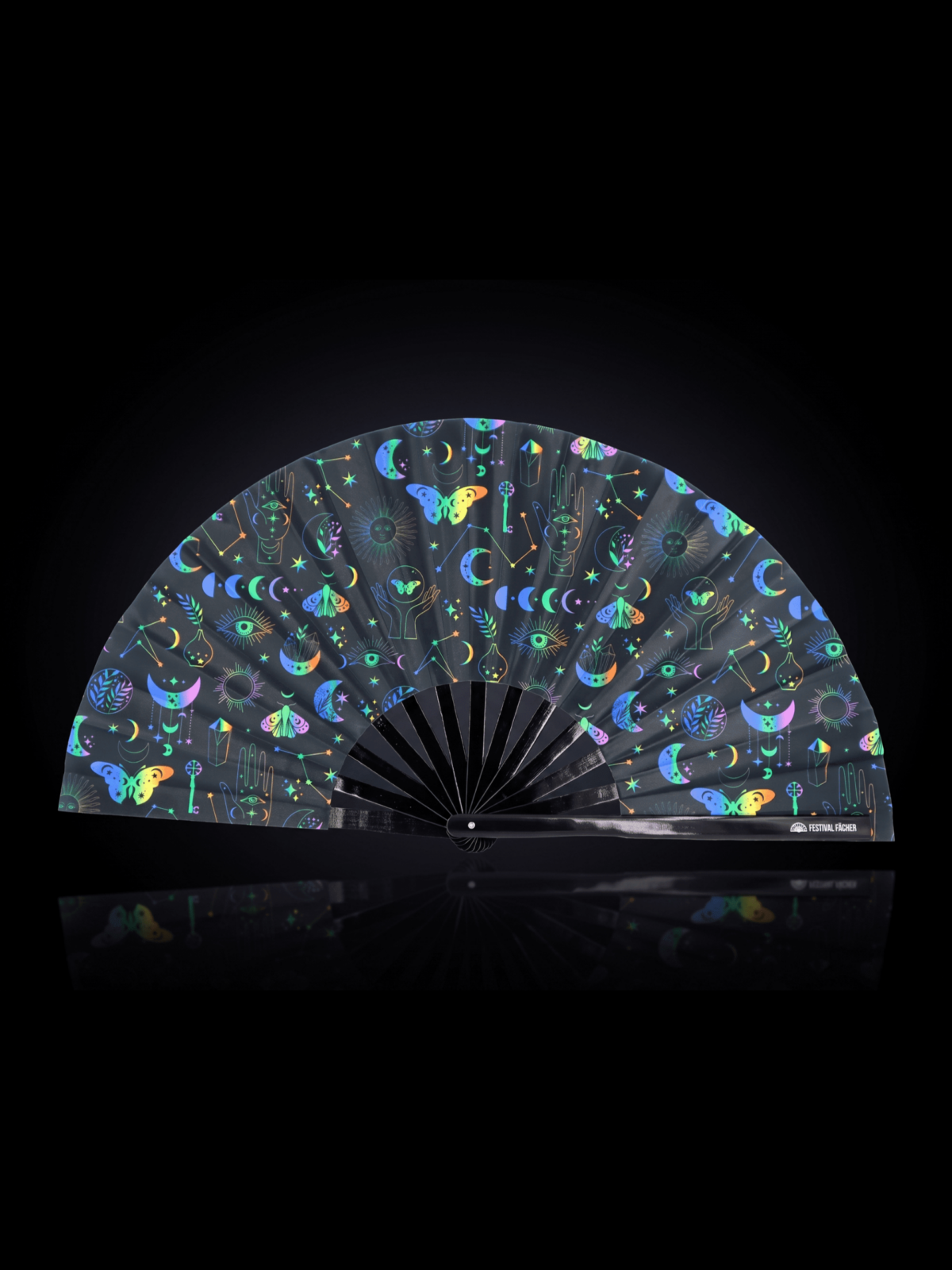 Festival Fans: Moon & Butterflies, Rainbow on Black for Festivals & Boho