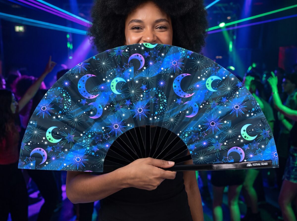 “Moon & Stars” Night Blue Festival Fan for Festivals & Boho, View 2