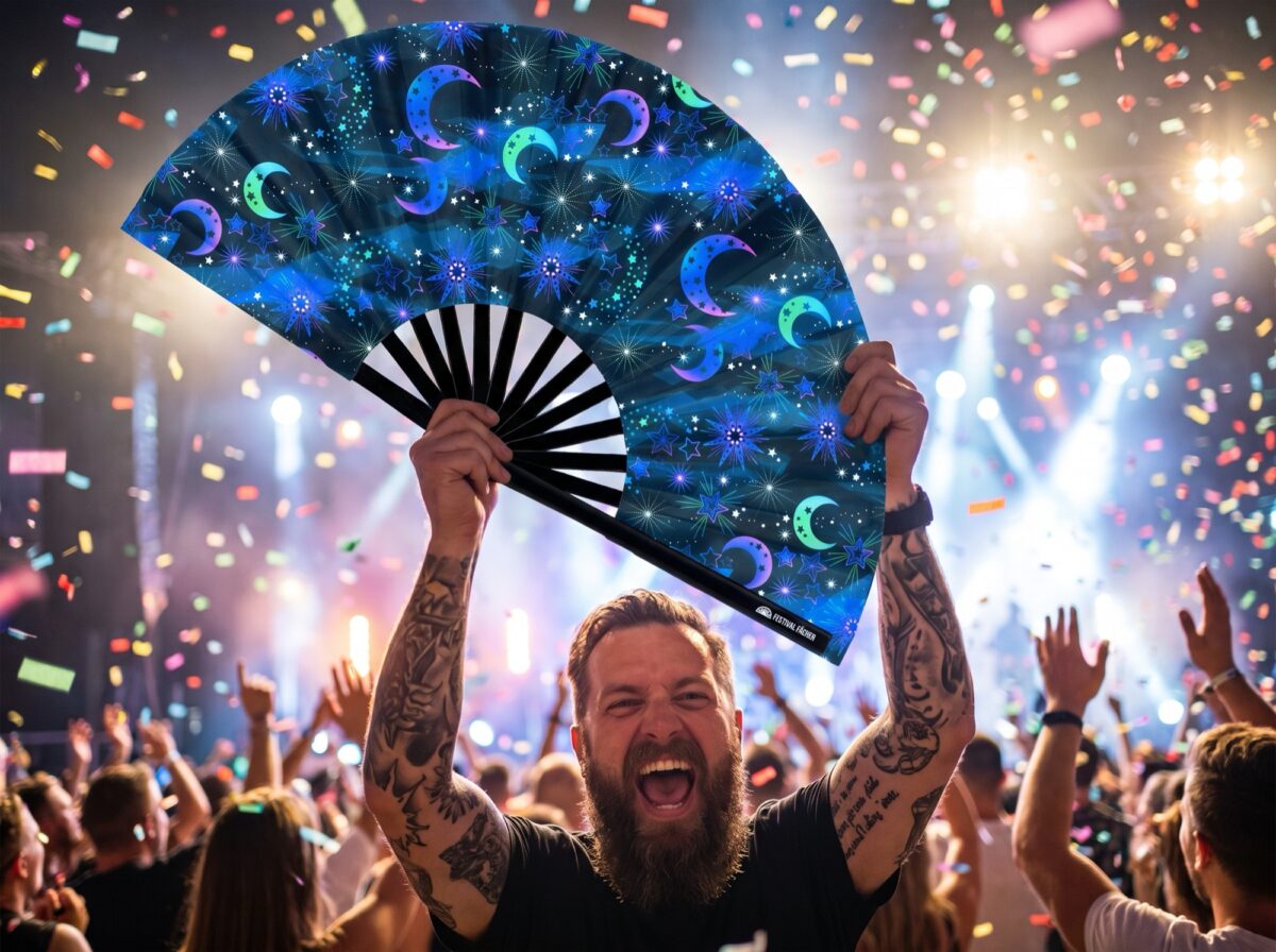 “Moon & Stars” Night Blue Festival Fan for Festivals & Boho, View 4