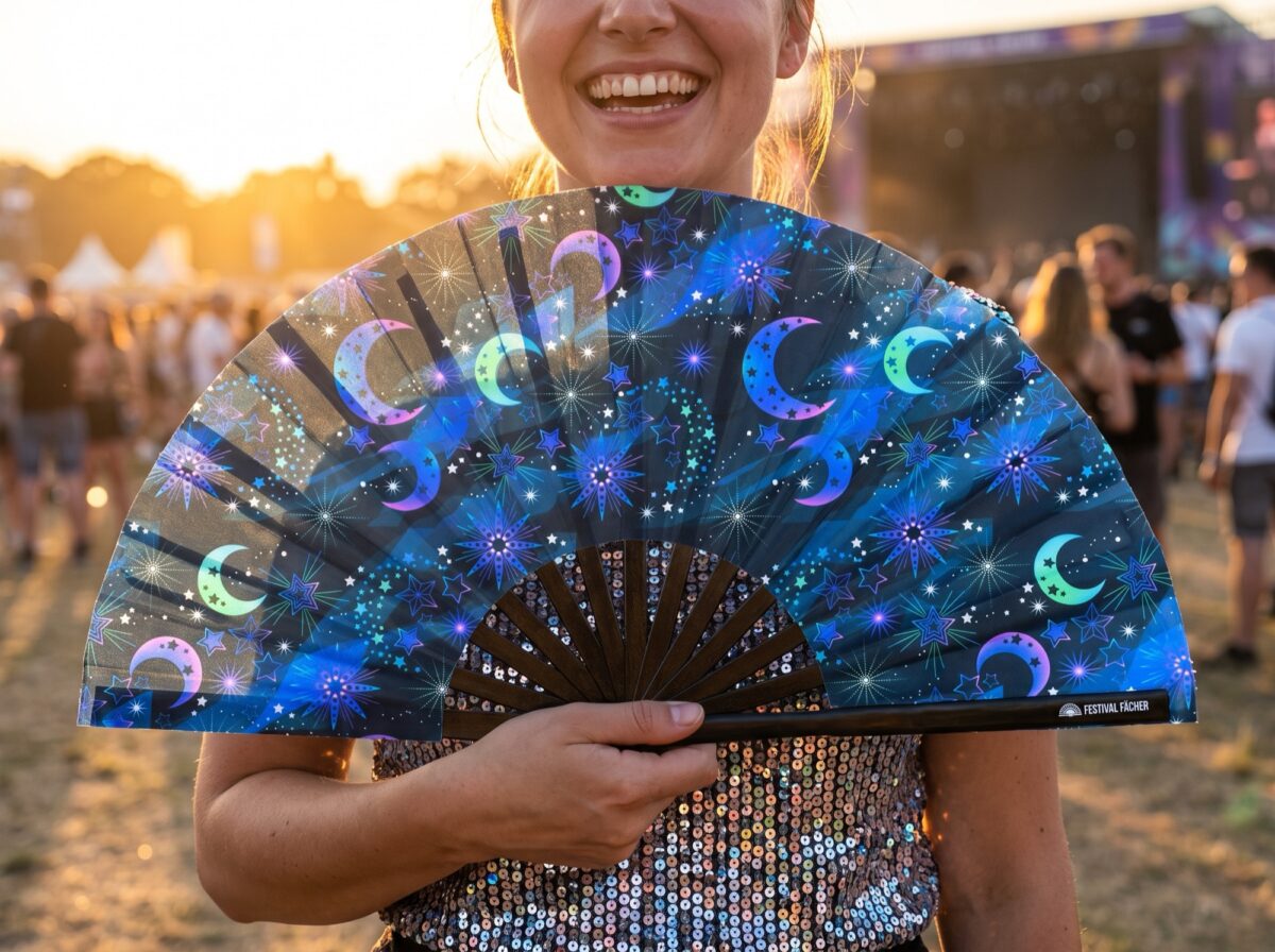 “Moon & Stars” Night Blue Festival Fan for Festivals & Boho, View 3