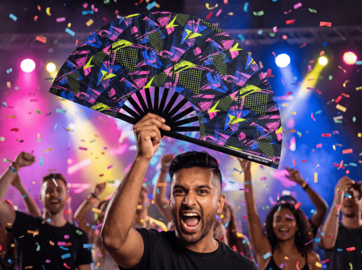 Neon Geometry Black Festival Fan for Techno & Rave, View 4