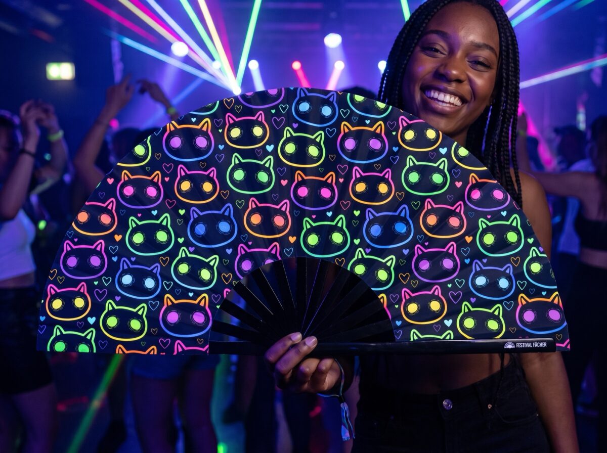 Neon Cat Festival Fans in Black for Raves & Festivals, View 2