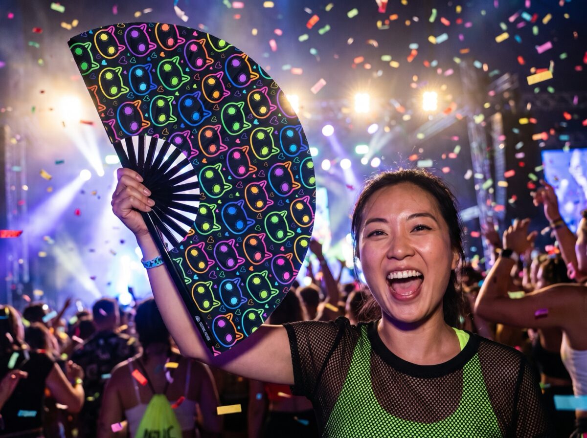 Neon Cat Festival Fans in Black for Raves & Festivals, View 4