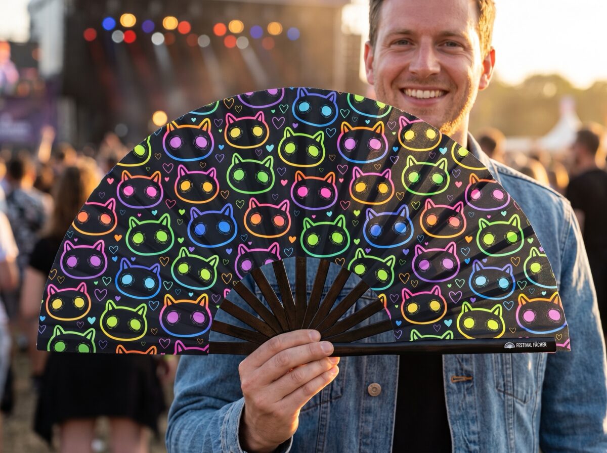 Neon Cat Festival Fans in Black for Raves & Festivals, View 3
