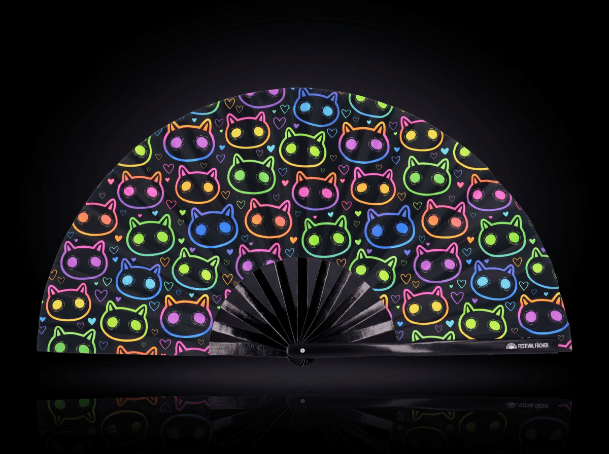Neon Cat Festival Fans in Black for Raves & Festivals