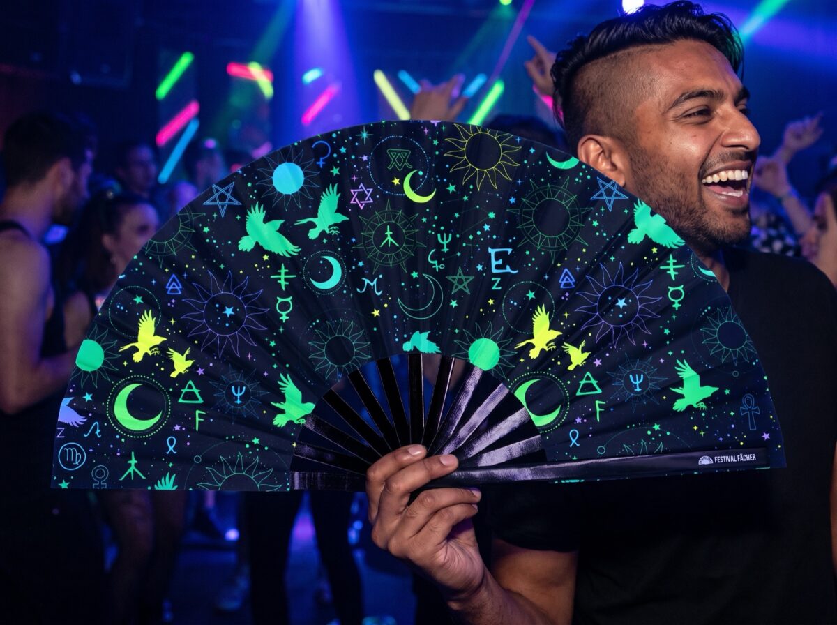 Festival Fans with Occult Symbols in Neon Black for Psytrance & Rave, View 2