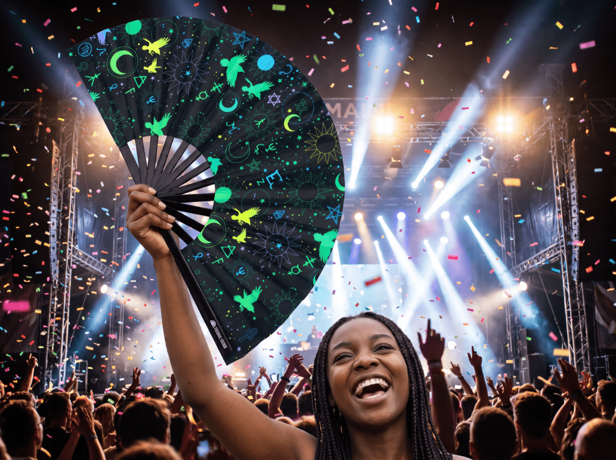 Festival Fans with Occult Symbols in Neon Black for Psytrance & Rave, View 4