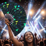 Festival Fans with Occult Symbols in Neon Black for Psytrance & Rave, View 4