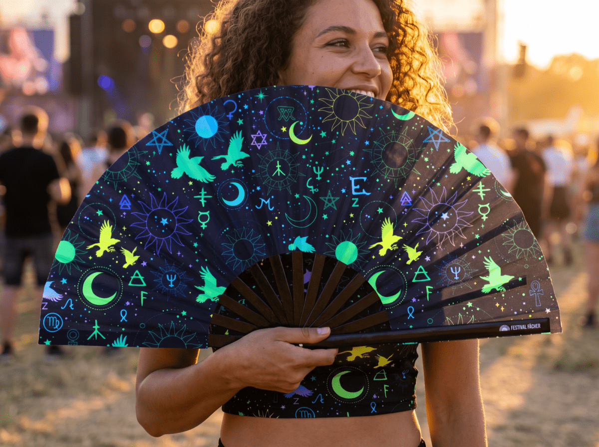 Festival Fans with Occult Symbols in Neon Black for Psytrance & Rave, View 3