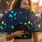 Festival Fans with Occult Symbols in Neon Black for Psytrance & Rave, View 3