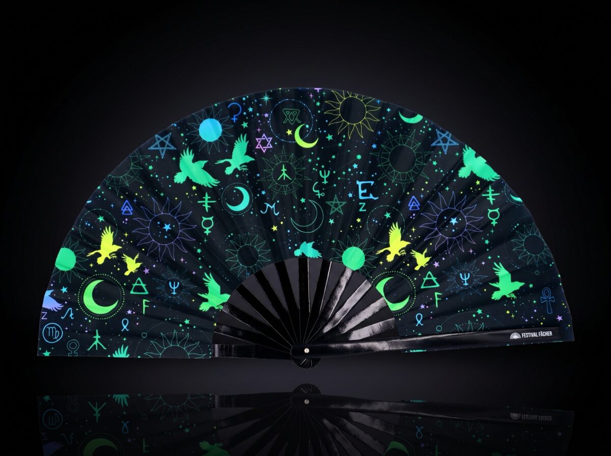 Festival Fans with Occult Symbols in Neon Black for Psytrance & Rave