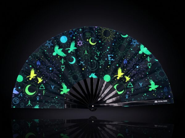 Festival Fans with Occult Symbols in Neon Black for Psytrance & Rave