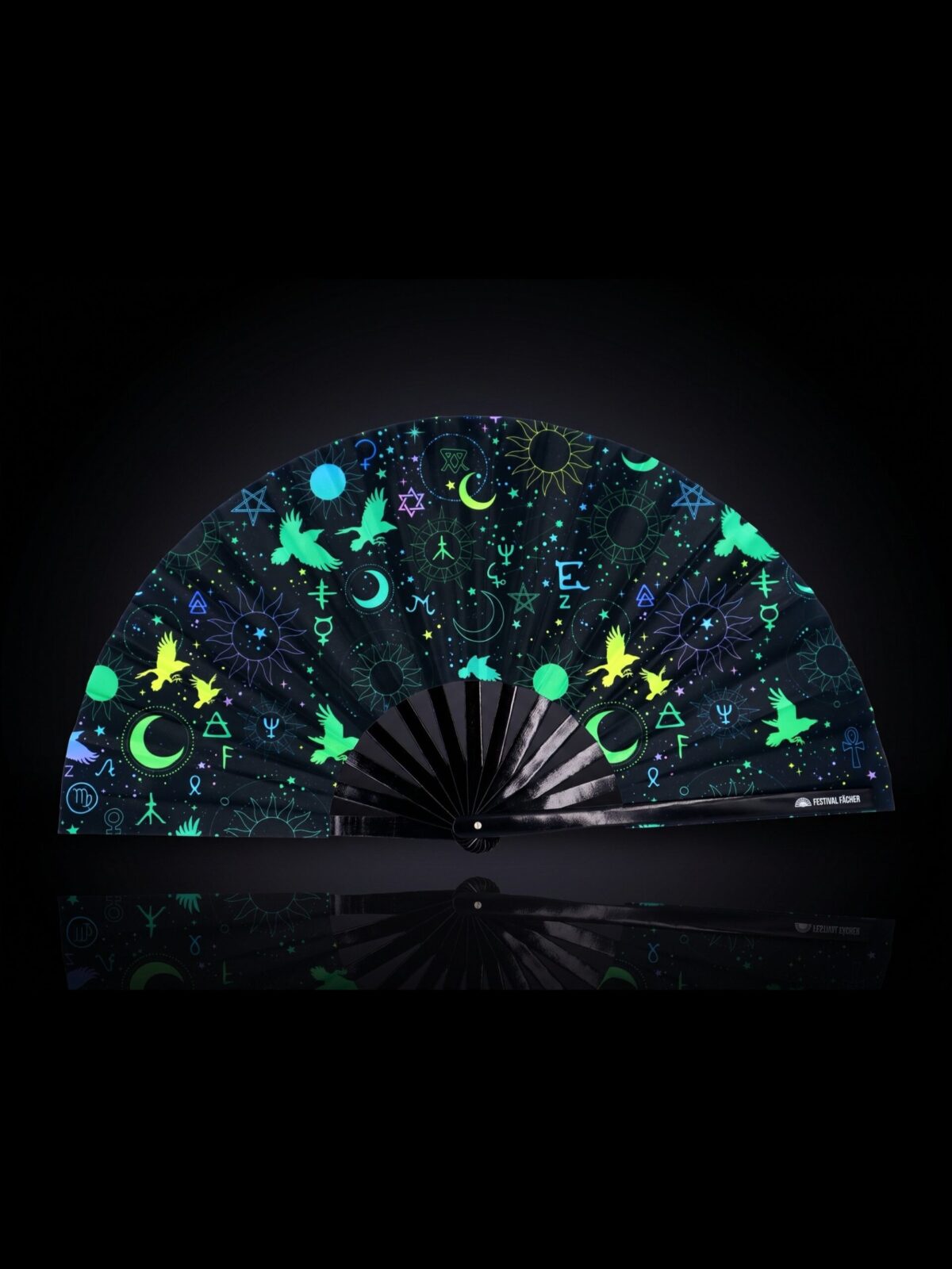 Festival Fans with Occult Symbols in Neon Black for Psytrance & Rave
