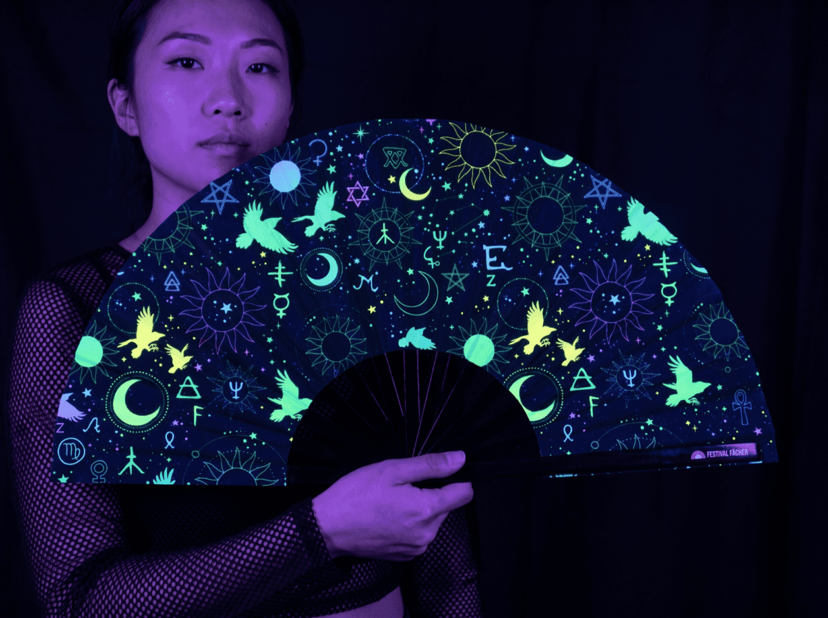 Festival Fans with Occult Symbols in Neon Black for Psytrance & Rave Rave (UV)