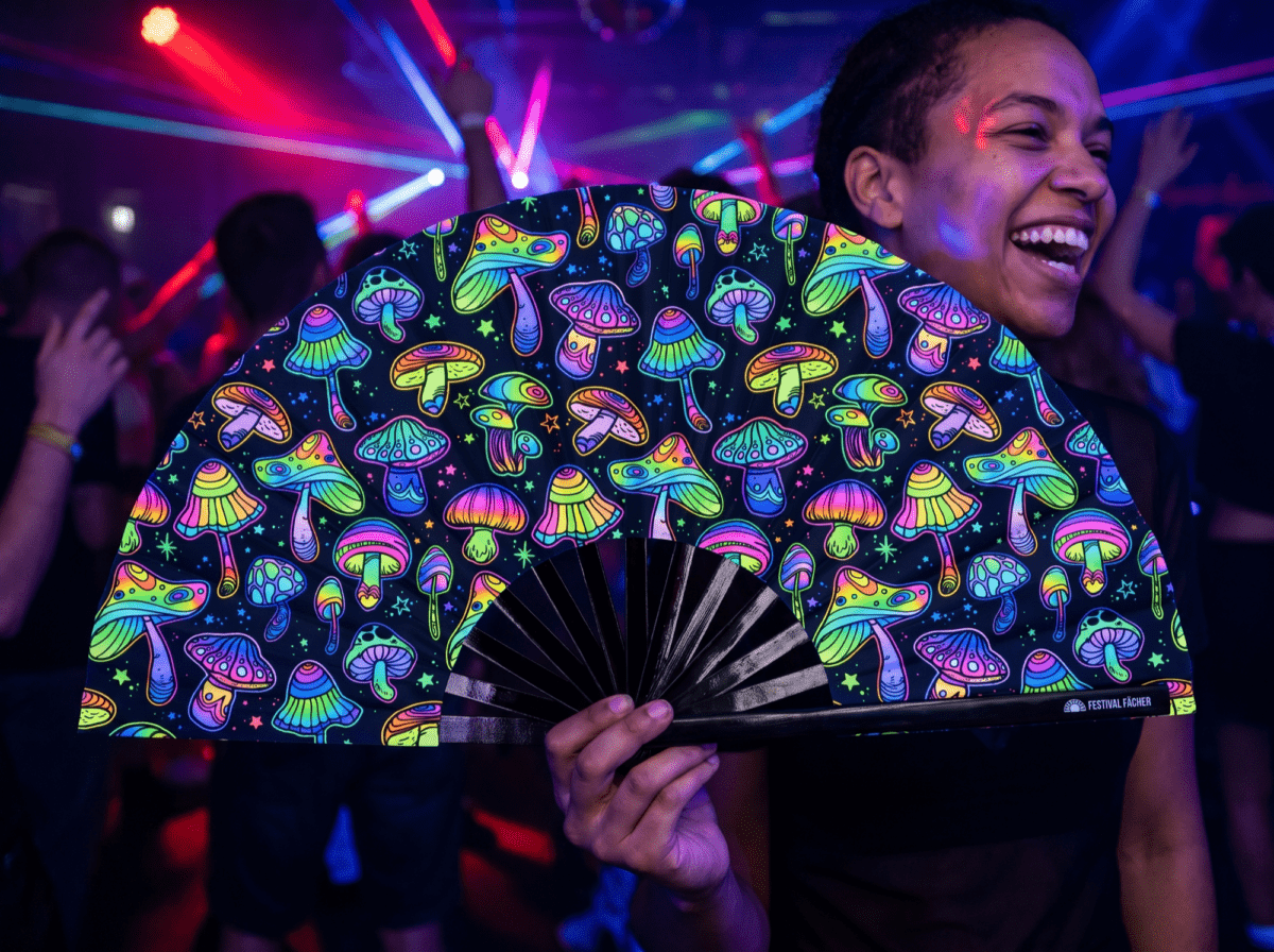 Festival Fans: Neon Mushrooms, Colorful on Black for Psytrance & Goa, View 2