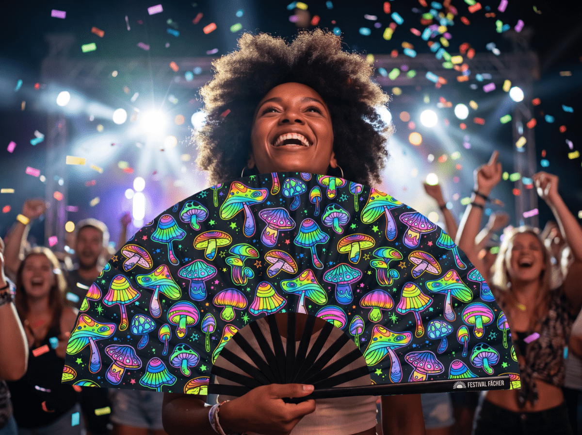 Festival Fans: Neon Mushrooms, Colorful on Black for Psytrance & Goa, View 4